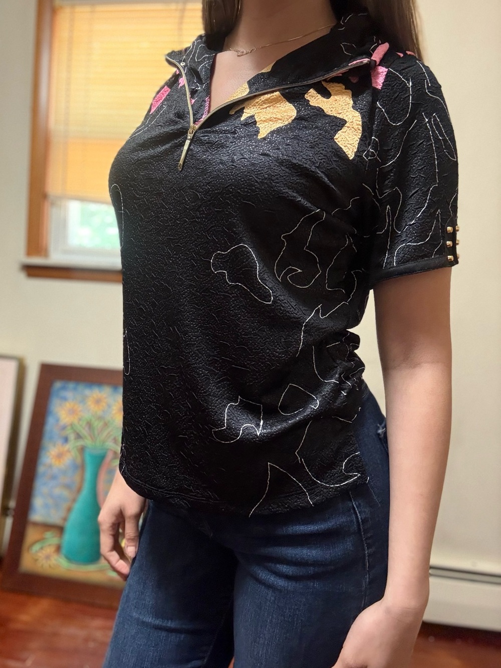 Black Short Sleeve Zip Polo Top with Gold & Pink Accents